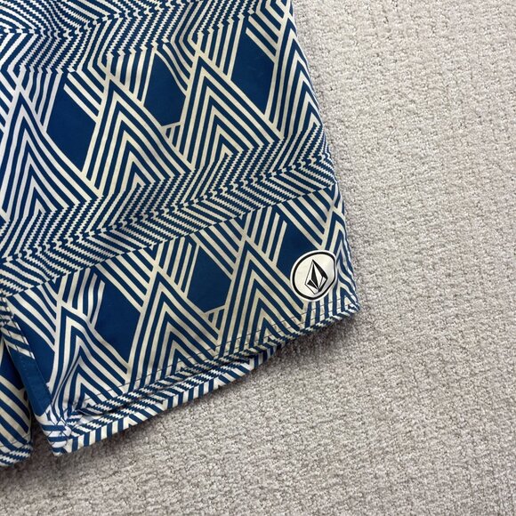 Y2K Volcom Board Shorts Men Psychedelic Blue Stripe Cinch Fly Pure Function *34* - Picture 3 of 16